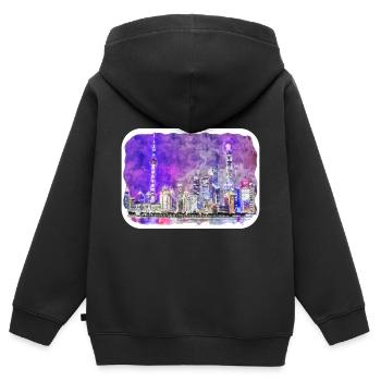 Shanghai China Aquarellskizze gezeichnete Zeichnung - Kinder Premium Organic Zip Hoodie - Schwarz - Hinten - AI Model Kid Male (0cm)
