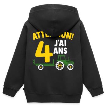 Attention j'ai 4 ans enfant cadeau 4 ans tracteur - Sweat Premium à capuche zippé enfant bio - noir - Dos - AI Model Kid Male (0cm)