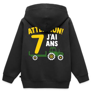 Attention j'ai 7 ans enfant cadeau 7 ans tracteur - Sweat Premium à capuche zippé enfant bio - noir - Dos - AI Model Kid Male (0cm)