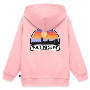 Minsk Weißrussland Skyline Vintage Sonnenuntergang Reise Souven - Kinder Premium Organic Zip Hoodie - Rosa - Hinten - AI Model Kid Female (0cm)