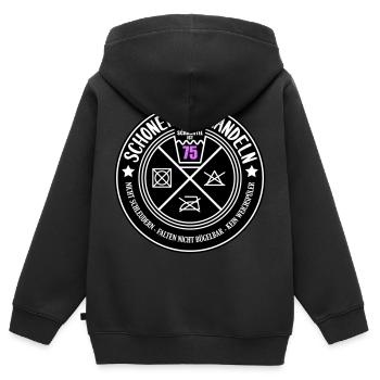 Schonend behandeln Schachtel 75 | Farben änderbar - Kinder Premium Organic Zip Hoodie - Schwarz - Hinten - AI Model Kid Male (0cm)