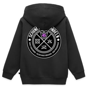 Schonend behandeln Schachtel 45 | Farben änderbar - Kinder Premium Organic Zip Hoodie - Schwarz - Hinten - AI Model Kid Male (0cm)