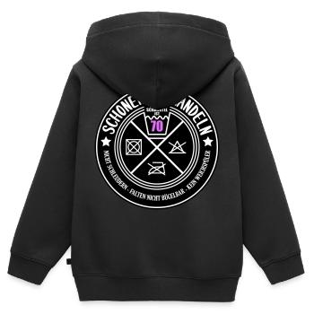 Schonend behandeln Schachtel 70 | Farben änderbar - Kinder Premium Organic Zip Hoodie - Schwarz - Hinten - AI Model Kid Male (0cm)