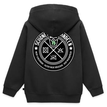 Schonend behandeln Unikat 75 | Farben änderbar - Kinder Premium Organic Zip Hoodie - Schwarz - Hinten - AI Model Kid Male (0cm)