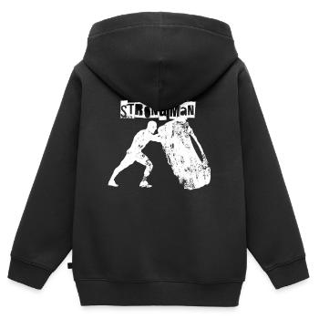 Strongman - Kinder Premium Organic Zip Hoodie - Schwarz - Hinten - AI Model Kid Male (0cm)