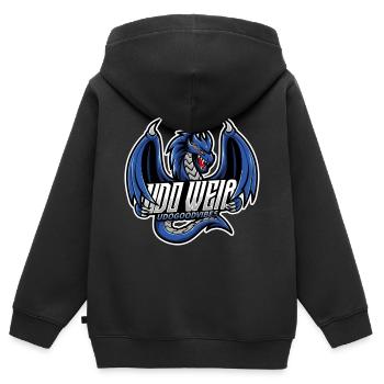 Logo Udo Weiß (Udogoodvibes) - Sweat Premium à capuche zippé enfant bio - noir - Dos - AI Model Kid Male (0cm)