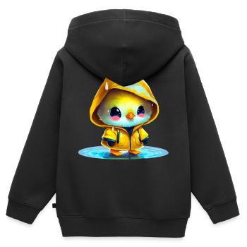 Regenmantel tragendes Küken in Pfütze - Kinder Premium Organic Zip Hoodie - Schwarz - Hinten - AI Model Kid Male (0cm)