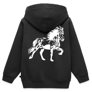 Edles Islandpferd im Tölt Damen Mädchen Kinder Isi - Kinder Premium Organic Zip Hoodie - Schwarz - Hinten - AI Model Kid Male (0cm)