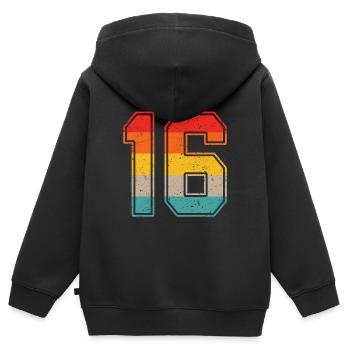 16 ans maillot rétro numéro 16 T-shirt numéro 16 - Sweat Premium à capuche zippé enfant bio - noir - Dos - AI Model Kid Male (0cm)