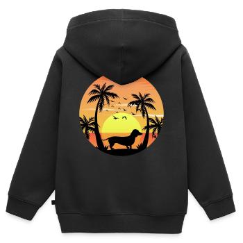Teckel Propriétaire Plage Coucher de Soleil Palmiers - Sweat Premium à capuche zippé enfant bio - noir - Dos - AI Model Kid Male (0cm)
