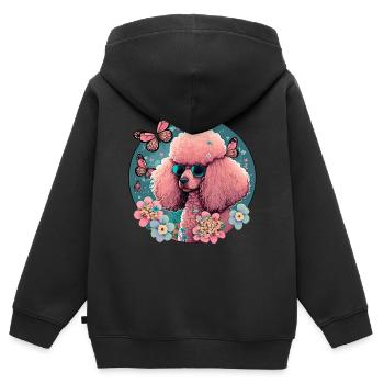 Rosa Pudel mit Blumen, Schmetterlingen, Retro Stil - Kinder Premium Organic Zip Hoodie - Schwarz - Hinten - AI Model Kid Male (0cm)