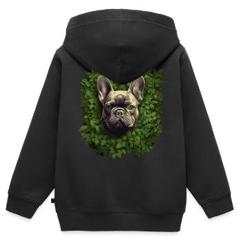 Bouledogue français regardant hors des buissons - Sweat Premium à capuche zippé enfant bio - noir - Dos - AI Model Kid Male (0cm)