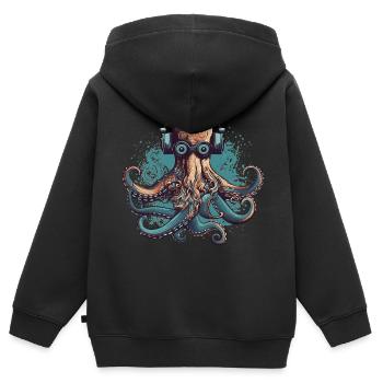 Cool pieuvre nerdy avec lunettes et écouteurs - Sweat Premium à capuche zippé enfant bio - noir - Dos - AI Model Kid Male (0cm)