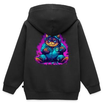 fat gamer japanese cat with Controll Syntwave - Kids Premium Organic Zip-up Hoodie - black - Back - AI Model Kid Male (0cm)