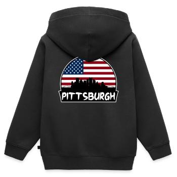Pittsburgh Pennsylvanie États-Unis Flag Skyline Silhouett - Sweat Premium à capuche zippé enfant bio - noir - Dos - AI Model Kid Male (0cm)