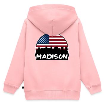 Madison Wisconsin USA Flagge Skyline Silhouette Trav - Kinder Premium Organic Zip Hoodie - Rosa - Hinten - AI Model Kid Female (0cm)