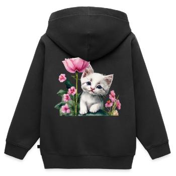 Chaton blanc - Sweat Premium à capuche zippé enfant bio - noir - Dos - AI Model Kid Male (0cm)