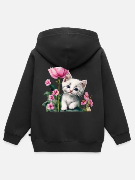 Chaton blanc - Sweat Premium à capuche zippé enfant bio - noir