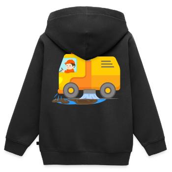 Balayeuse nettoyage de la ville en action avec le chauffeur - Sweat Premium à capuche zippé enfant bio - noir - Dos - AI Model Kid Male (0cm)