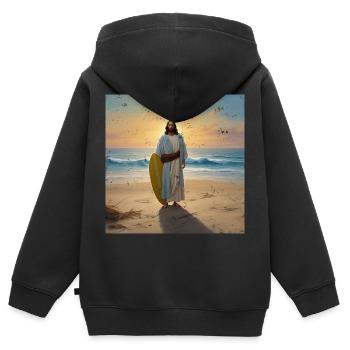 Surfeur Jésus Vintage - Sweat Premium à capuche zippé enfant bio - noir - Dos - AI Model Kid Male (0cm)