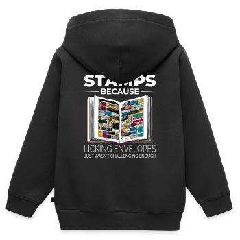 Philatélie philatéliste philatéliste collectionneur de timbres - Sweat Premium à capuche zippé enfant bio - noir - Dos - AI Model Kid Male (0cm)