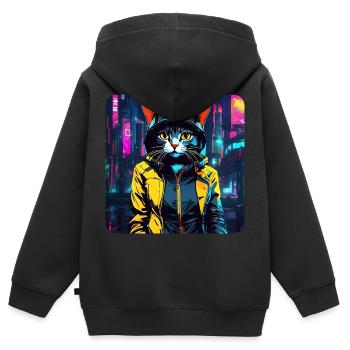 Chat Cyberpunk mignon - Sweat Premium à capuche zippé enfant bio - noir - Dos - AI Model Kid Male (0cm)
