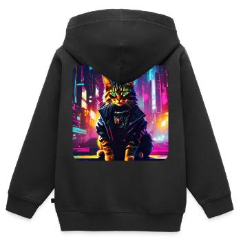 Chat Cyberpunk Cool - Sweat Premium à capuche zippé enfant bio - noir - Dos - AI Model Kid Male (0cm)