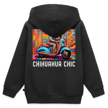 Chihuahua fährt einen bunten Roller auf Muster - Kinder Premium Organic Zip Hoodie - Schwarz - Hinten - AI Model Kid Male (0cm)