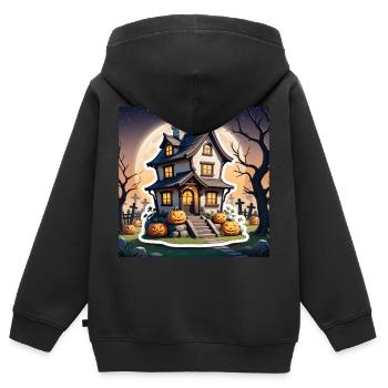 Halloween Spukhaus bei Vollmond und Kürbisse - Kinder Premium Organic Zip Hoodie - Schwarz - Hinten - AI Model Kid Male (0cm)
