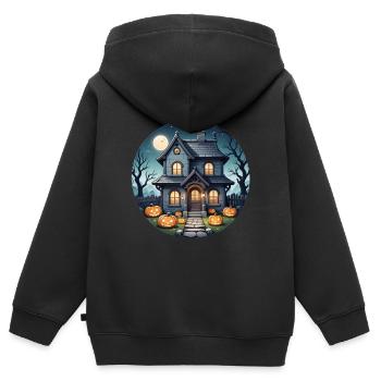 Halloween Spukhaus bei Vollmond und Kürbisse - Kinder Premium Organic Zip Hoodie - Schwarz - Hinten - AI Model Kid Male (0cm)