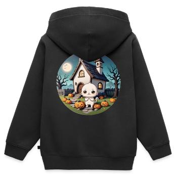 Halloween Spukhaus Katze bei Vollmond und Kürbisse - Kinder Premium Organic Zip Hoodie - Schwarz - Hinten - AI Model Kid Male (0cm)
