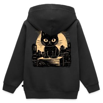 Chat gravé sur bois - Sweat Premium à capuche zippé enfant bio - noir - Dos - AI Model Kid Male (0cm)