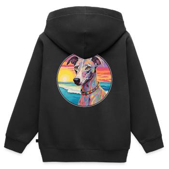 Lurcher Chien Race Coloré Dessin Animé Aquarelle - Sweat Premium à capuche zippé enfant bio - noir - Dos - AI Model Kid Male (0cm)
