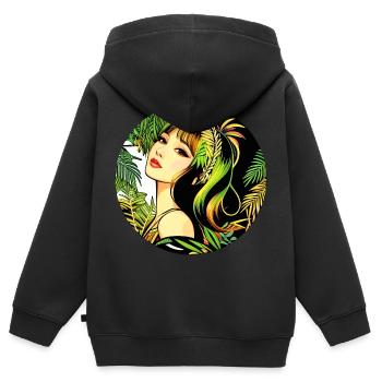 Femme Moderne Tropicale - Sweat Premium à capuche zippé enfant bio - noir - Dos - AI Model Kid Male (0cm)