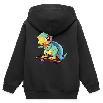 Drôle Caméléon Kawaii Cartoon Jouer Skateboard - Sweat Premium à capuche zippé enfant bio - noir - Dos - AI Model Kid Male (0cm)
