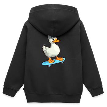 Drôle d’oie kawaii dessin animé animal de compagnie jouant à la planche à roulettes - Sweat Premium à capuche zippé enfant bio - noir - Dos - AI Model Kid Male (0cm)