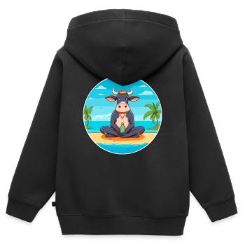 Vache Cartoon Yoga Plage Illustration D’été - Sweat Premium à capuche zippé enfant bio - noir - Dos - AI Model Kid Male (0cm)