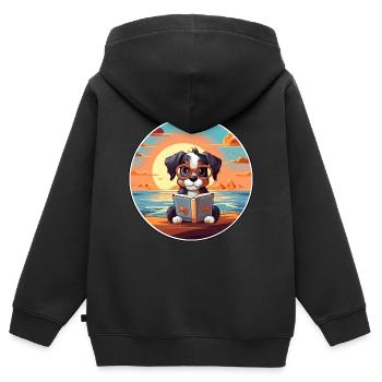 Poode Chien Mignon Drôle Dessin Animé Kawaii Livre Plage - Sweat Premium à capuche zippé enfant bio - noir - Dos - AI Model Kid Male (0cm)