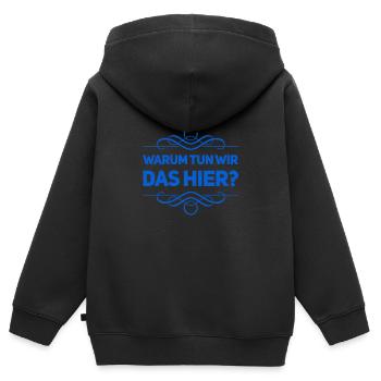 warum tun wir das? - Kinder Premium Organic Zip Hoodie - Schwarz - Hinten - AI Model Kid Male (0cm)