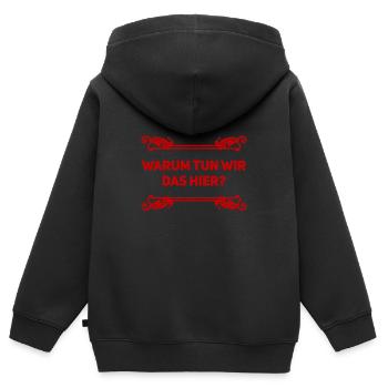 warum machen wir das hier? - Kinder Premium Organic Zip Hoodie - Schwarz - Hinten - AI Model Kid Male (0cm)