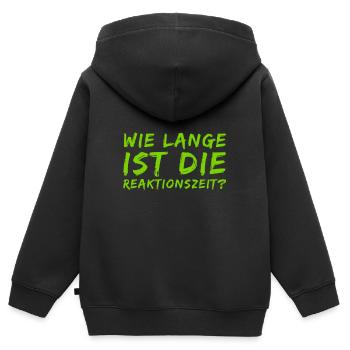 wie lange dauert es? - Kinder Premium Organic Zip Hoodie - Schwarz - Hinten - AI Model Kid Male (0cm)