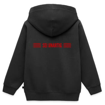 sei frech - Kinder Premium Organic Zip Hoodie - Schwarz - Hinten - AI Model Kid Male (0cm)
