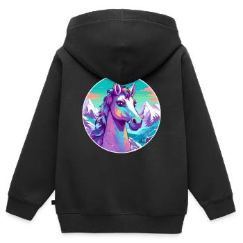 Poney Aquarelle Dessin Animé Kawaii Animal De Compagnie Coloré - Sweat Premium à capuche zippé enfant bio - noir - Dos - AI Model Kid Male (0cm)