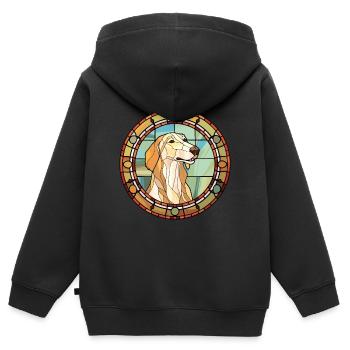 Lévrier russe chien race vitrail coloré - Sweat Premium à capuche zippé enfant bio - noir - Dos - AI Model Kid Male (0cm)