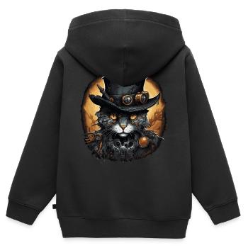 Chat steampunk - Sweat Premium à capuche zippé enfant bio - noir - Dos - AI Model Kid Male (0cm)