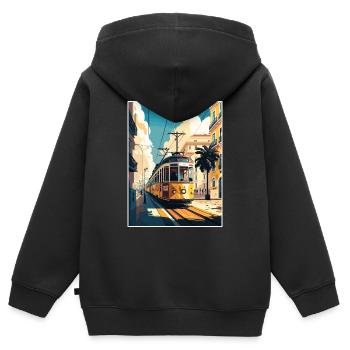 Lisbonne Portugal Tram Vintage voyage affiche WPA Art - Sweat Premium à capuche zippé enfant bio - noir - Dos - AI Model Kid Male (0cm)