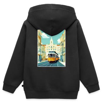 Lisbonne Portugal Tram Vintage voyage affiche WPA Art - Sweat Premium à capuche zippé enfant bio - noir - Dos - AI Model Kid Male (0cm)