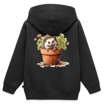 Hérisson dans un pot de fleurs, animal mignon dans un jardin de fleurs - Sweat Premium à capuche zippé enfant bio - noir - Dos - AI Model Kid Male (0cm)