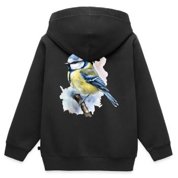 Blaumeise Vogel Wald Tier auf Ast in Wasserfarben - Kinder Premium Organic Zip Hoodie - Schwarz - Hinten - AI Model Kid Male (0cm)