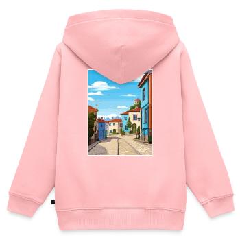 Barcelos Portugal Vintage Voyage Poster Souvenir - Sweat Premium à capuche zippé enfant bio - rose - Dos - AI Model Kid Female (0cm)